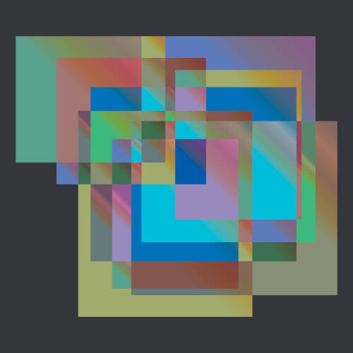 Abstract digital print of many different colors of square and rectangular shapes stacked on top of each other.